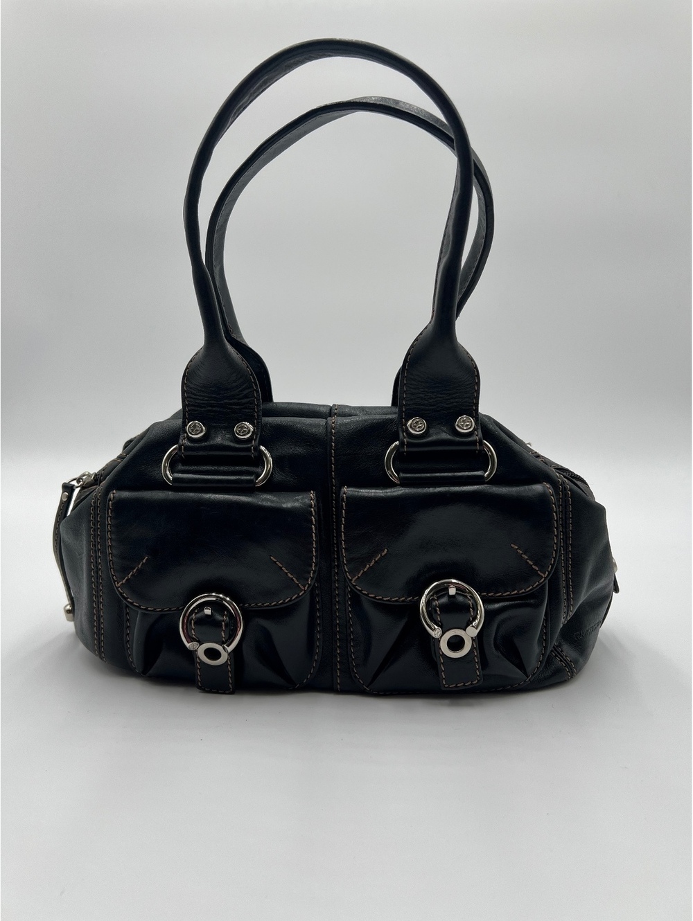 Francesco Biasia Black Leather Pocket Satchel (SKU-0398 HB-076)